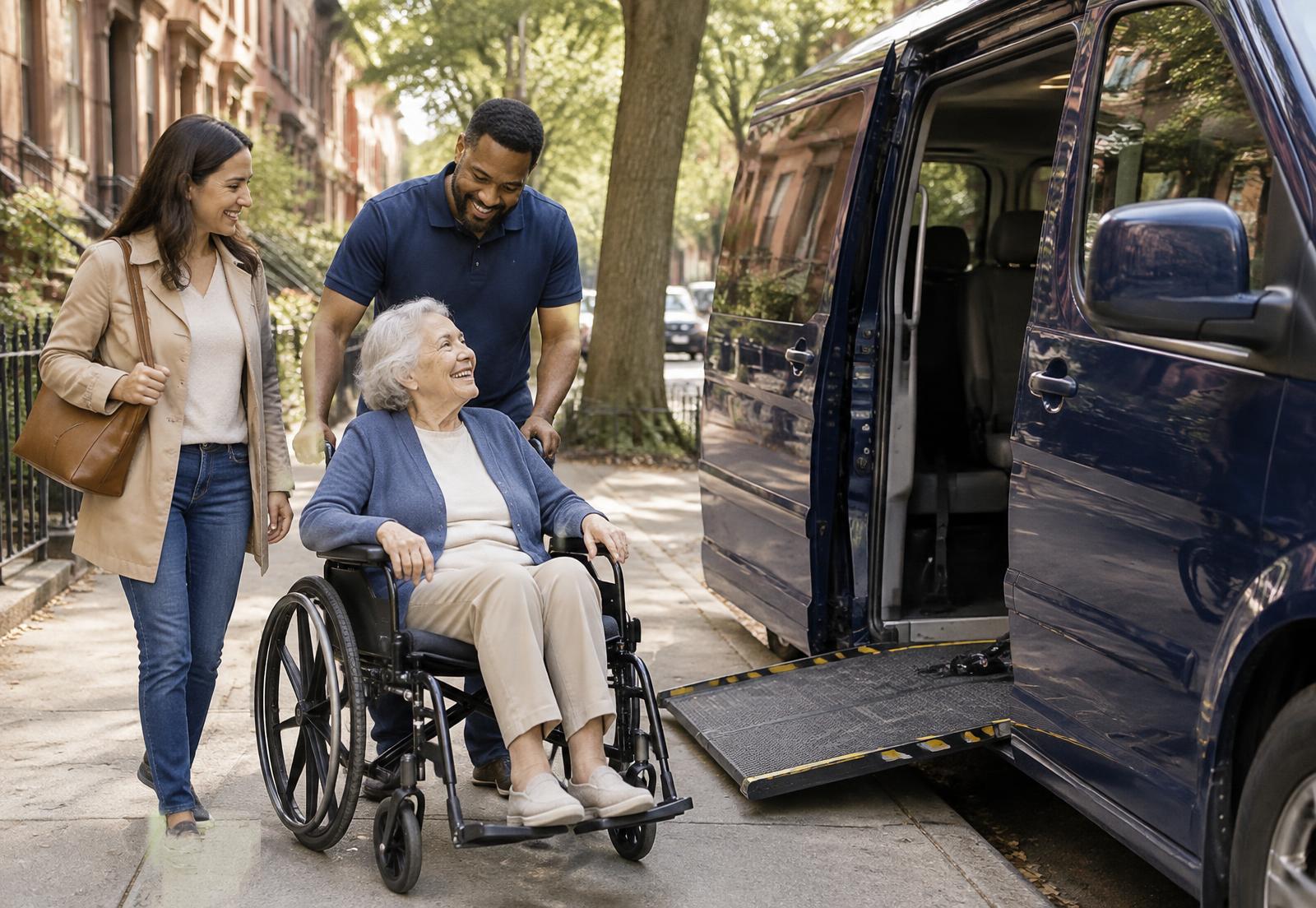 Driver helping a senior in a wheelchair to an accessible van with her daughter